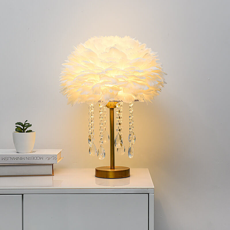 Lampe de table à 1 lumière avec perles de cristal rondes et plumes minimalistes modernes 