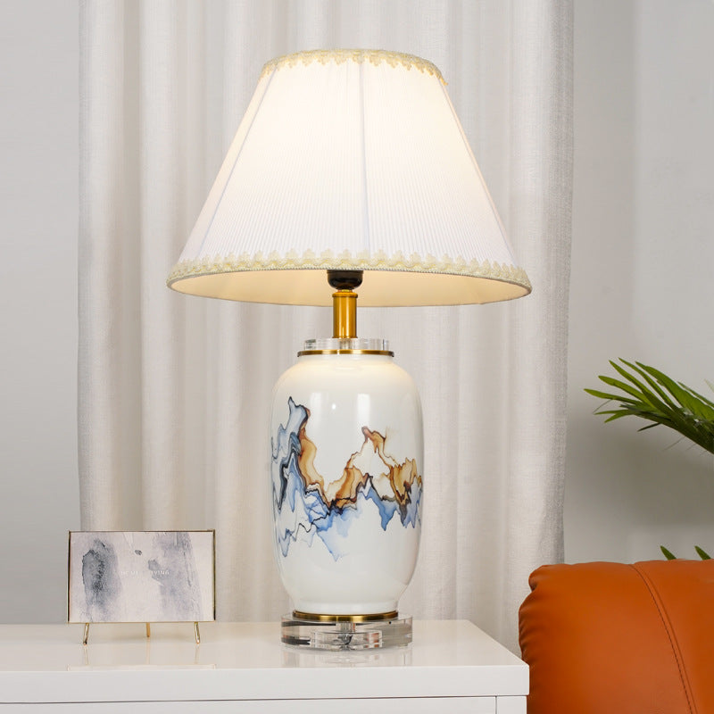 Light Luxury Chinese Ceramic Oval Jar Base Fabric 1-Light Table Lamp