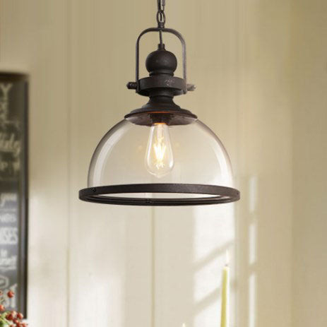 Traditional Farmhouse Iron Semi-Circular Glass Shade 1-Light Pendant Light For Dining Room