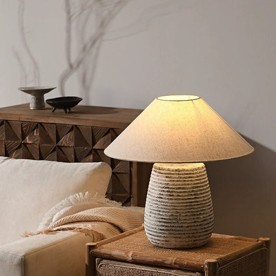 Minimalist Wabi-Sabi Cone Fabric Ceramic Column Jar 1-Light Table Lamp