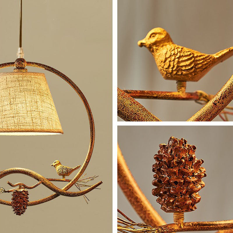 Traditional Rustic Fabric Shade Iron Ring Resin Bird 1-Light Pendant Light For Bedroom