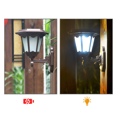 Outdoor Solar Hexagonal Lantern Human Sensor LED Waterproof Wall Sconce Lamp