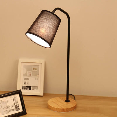 Lampe de table simple à 1 lumière avec abat-jour conique en tissu et base en bois 