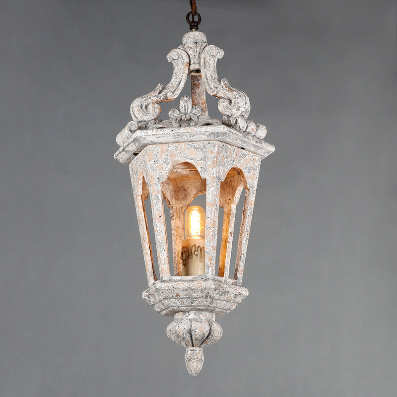 French Vintage Solid Wood Carved Hexagonal Cage 1-Light Pendant Light