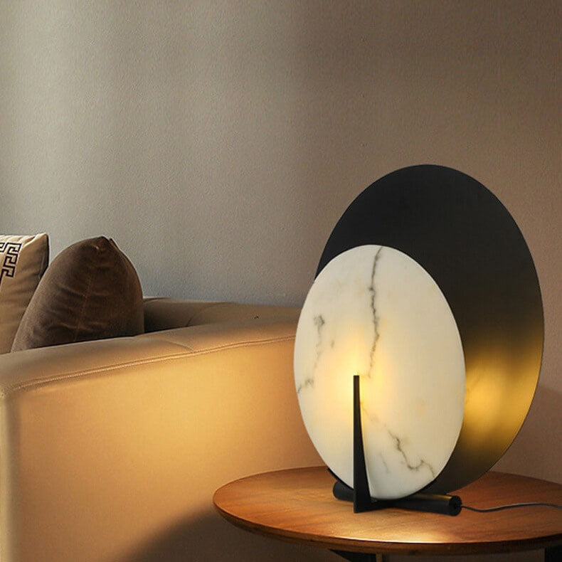 Lampe de table contemporaine et créative à 1 lumière en fer et marbre à double disques pour chambre à coucher 