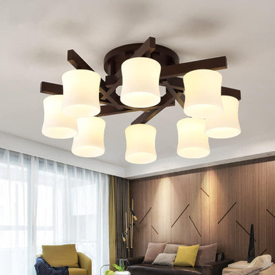 Modern Walnut Solid Glass Cylinder Shade 3/5/8 Light Semi-Flush Mount Ceiling Light