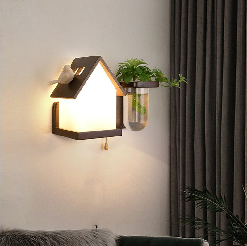 Nordic Creative Walnut Glass Pull Cord 1-Light Wall Sconce Lamp