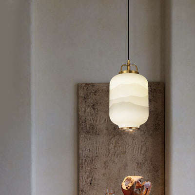 Traditional Chinese Lantern Brass Glass LED Pendant Light For Living Room