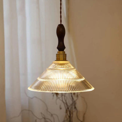 Vintage Glass Flower Dome Brass Walnut 1-Light Pendant Light