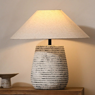 Minimalist Wabi-Sabi Cone Fabric Ceramic Column Jar 1-Light Table Lamp