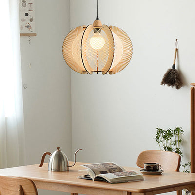 Traditional Japanese Wooden Frame Linen Thread Weaving Cage Shape 1-Light Pendant Light For Living Room