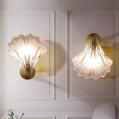 Modern Art Deco Scalloped Shell Amber Glass Shade Brass Frame 1-Light Wall Sconce Lamp For Bedroom