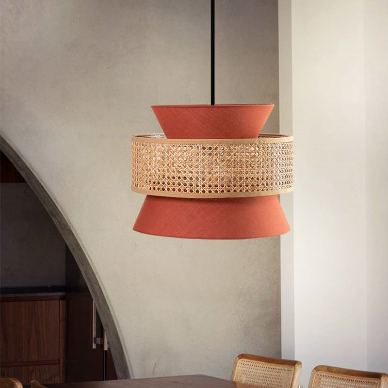 Traditional Japanese Round Rattan Fabric 1-Light Pendant Light For Living Room