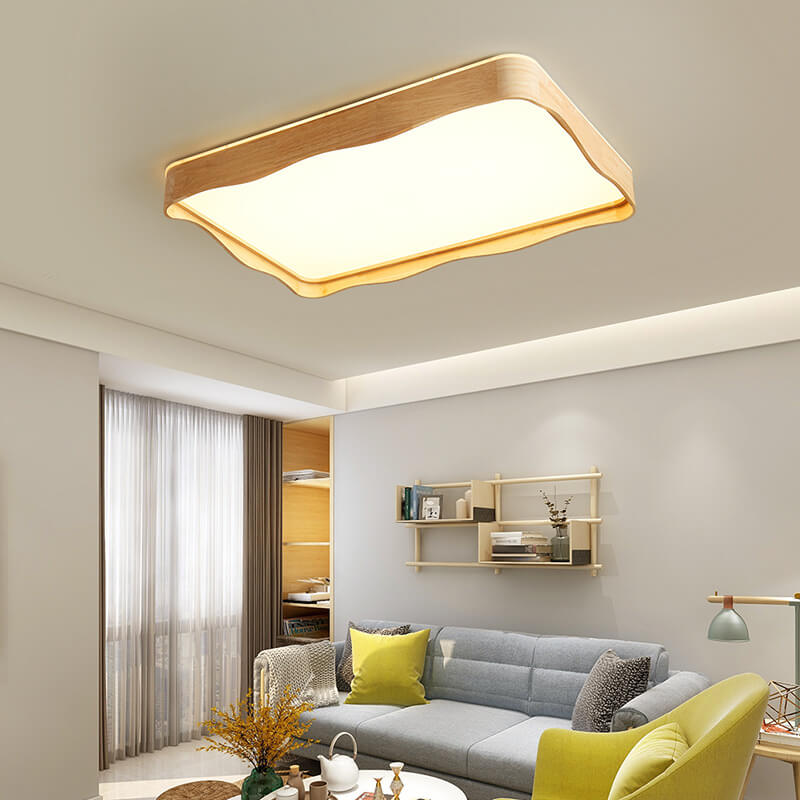 Japanese Original Wood Square Ripple Design LED Flush Mount Ceiling Light