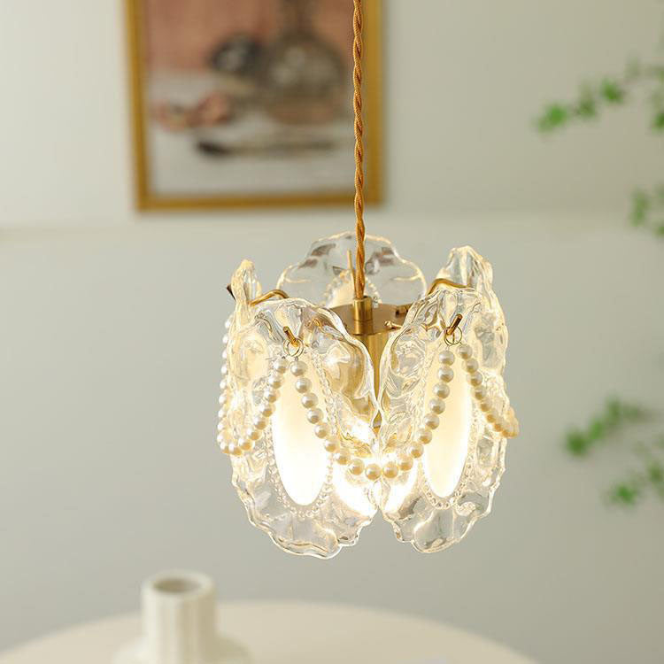 Modern Shabby Chic Pearl Decor Petal Crystal Shade 1-Light Pendant Light For Living Room