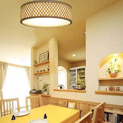 Modern Simple Round Bamboo Weaving 3-Light Flush Mount Ceiling Light