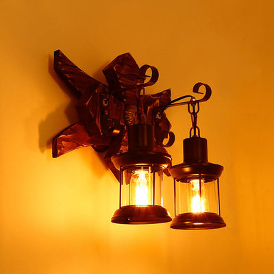 Traditional Farmhouse Wood Frame Iron 2-Light Wall Sconce Lamp For Dining Room