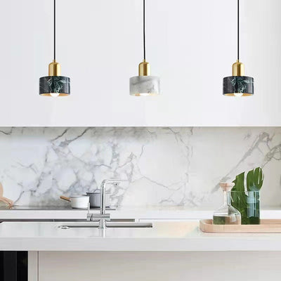 Contemporary Scandinavian Cylinder Marble Shade 1-Light Pendant Light For Living Room