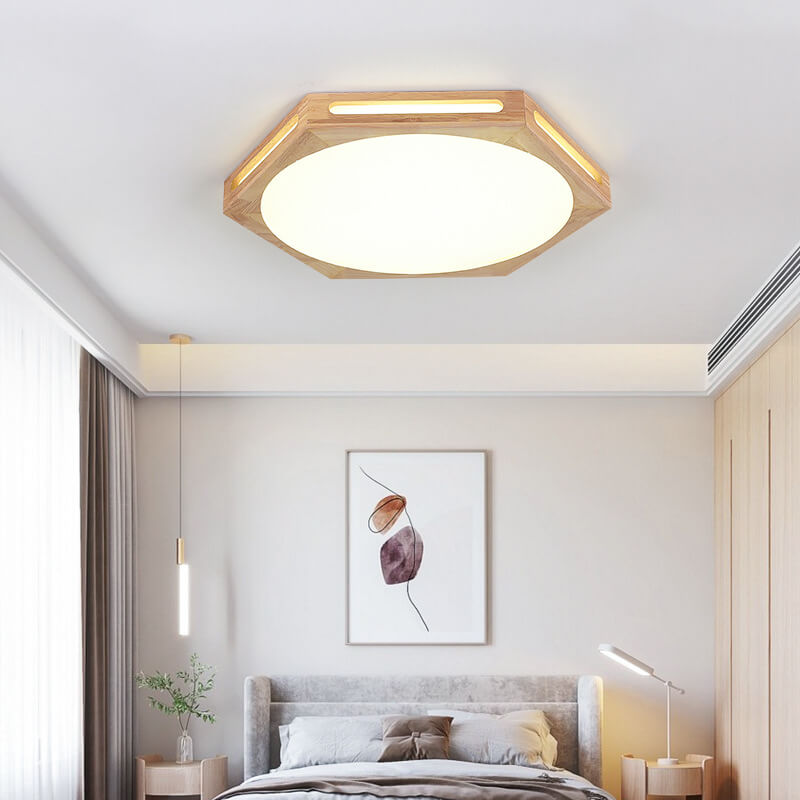 Nordic Minimalist Hexagonal Hollow Rubberwood Acrylic LED Flush Mount Ceiling Light