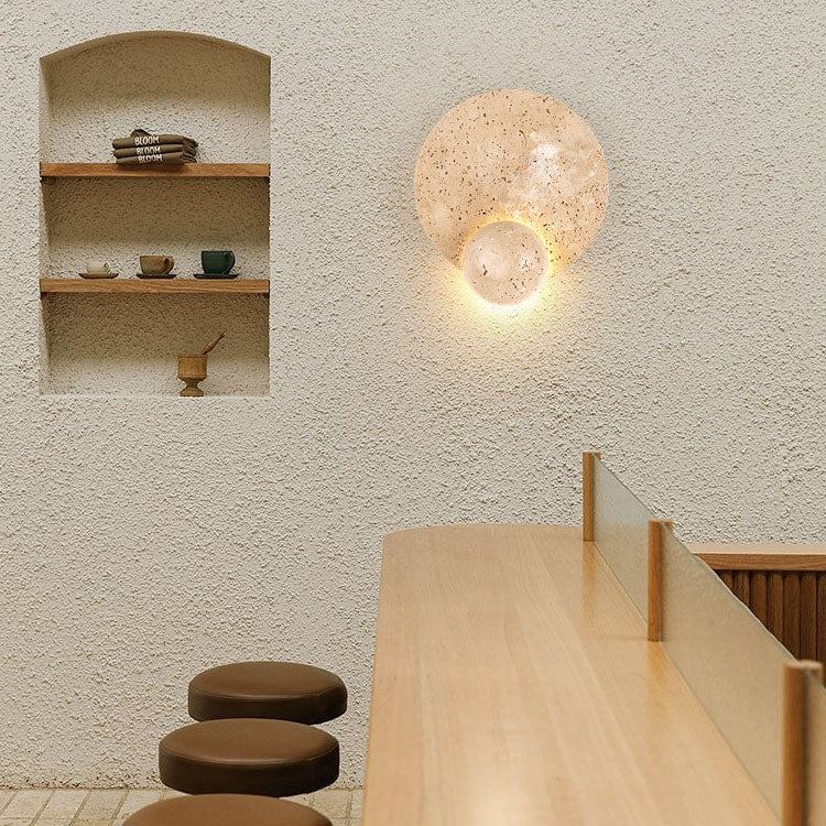 Traditional Japanese Round Yellow Travertine LED Wall Sconce Lamp For Bedroom