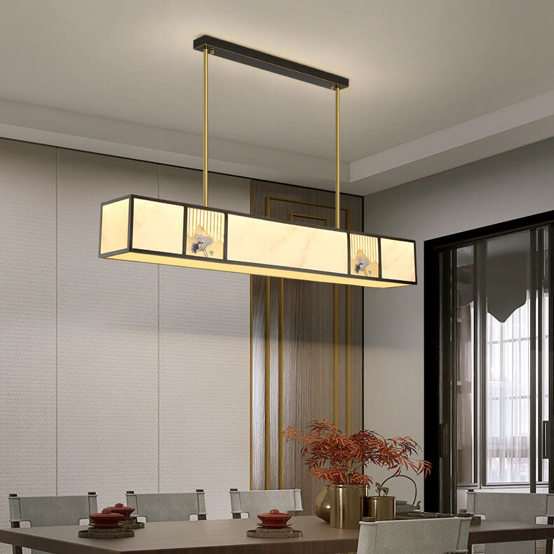 Traditional Chinese Copper Carved Decorative Acrylic Rectangular Shade LED Island Light Pendant Light For Living Room