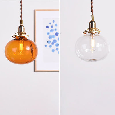 Traditional Japanese Brass Glass Pumpkin Shade 1-Light Pendant Light For Living Room