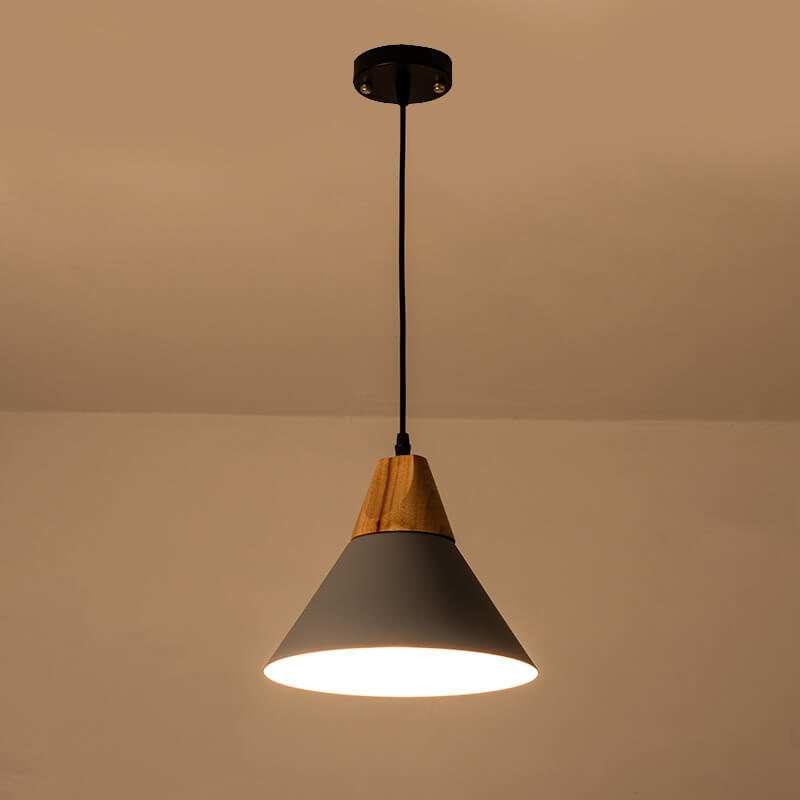 Luminaire suspendu industriel minimaliste à 1 lumière en fer et bois conique 