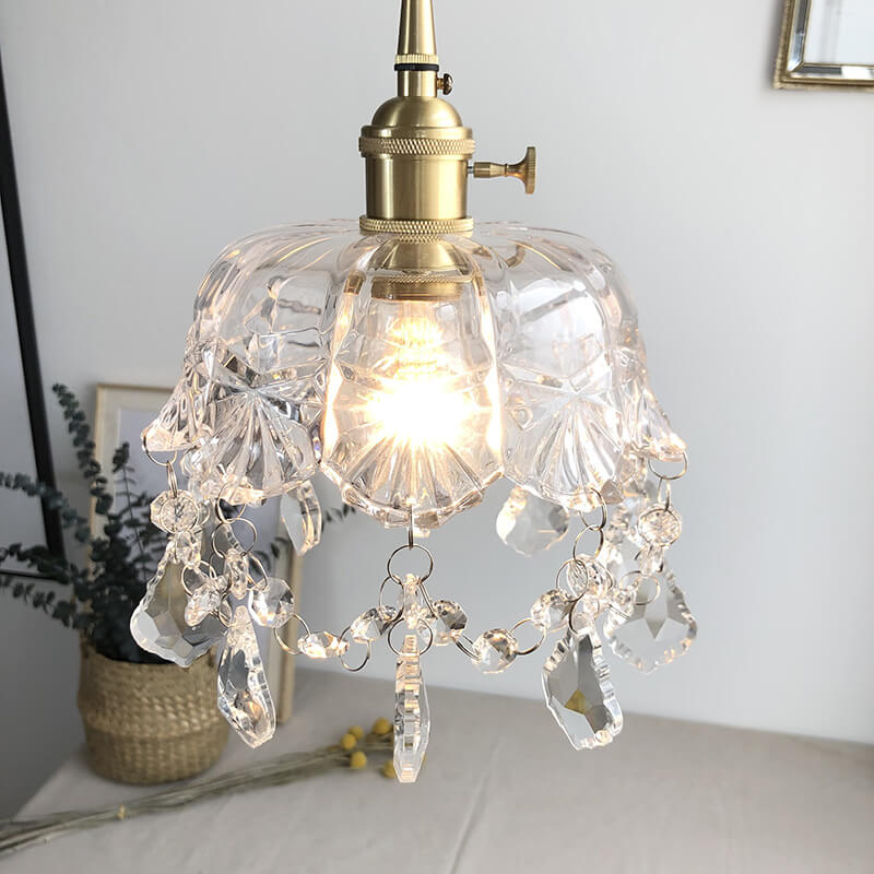 Contemporary Vintage Round Floral Brass Glass 1-Light Pendant Light For Bedroom