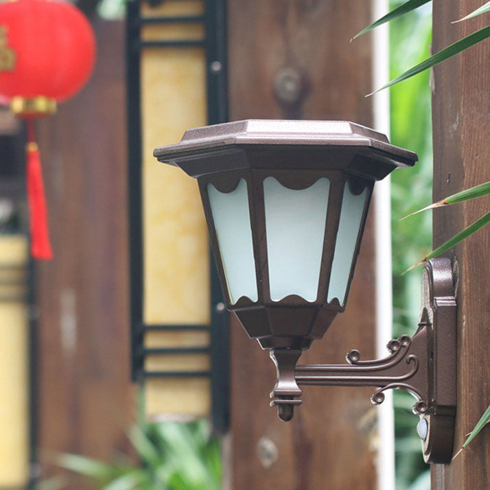 Outdoor Solar Hexagonal Lantern Human Sensor LED Waterproof Wall Sconce Lamp