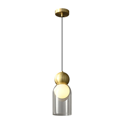 Lampe suspendue moderne à 1 lumière avec colonne en verre et boule de cuivre 