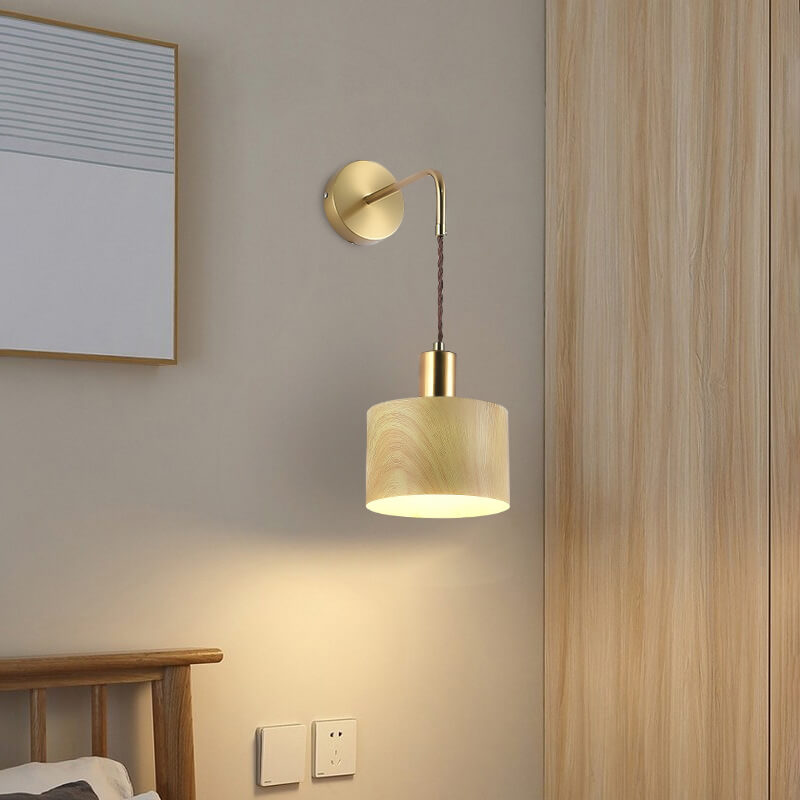 Nordic Minimalist Wood Grain Drum 1-Light Wall Sconce Lamp