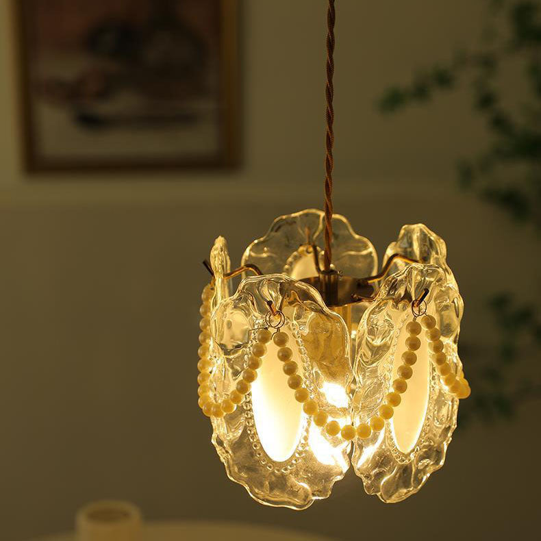 Modern Shabby Chic Pearl Decor Petal Crystal Shade 1-Light Pendant Light For Living Room