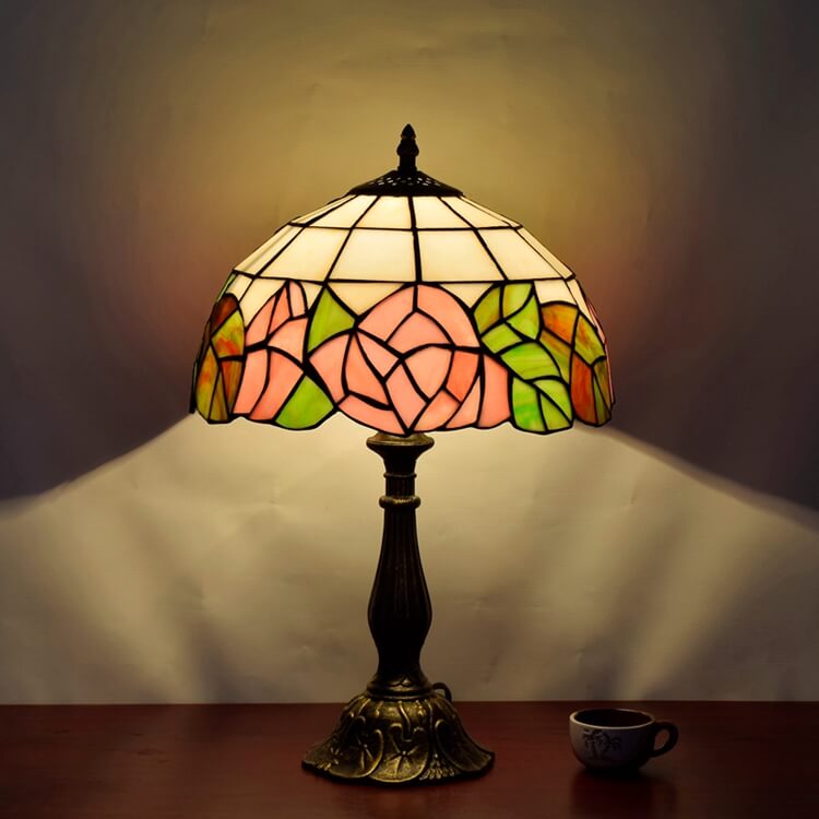 European Rose Tiffany Art Glass 1-Light Table Lamp