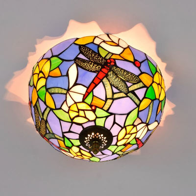 Tiffany Dragonfly Flower Stained Glass Bowl 2-Light Flush Mount Ceiling Light