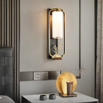 Applique murale moderne à 1 lumière avec anneau de colonne en verre et cuivre chinois, nouvelle lampe chinoise 