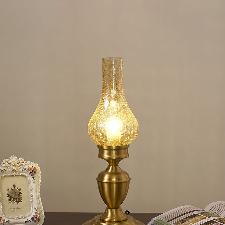Vintage alle Messing Holz Glas Petroleumlampe Design 1-Licht Tischlampe