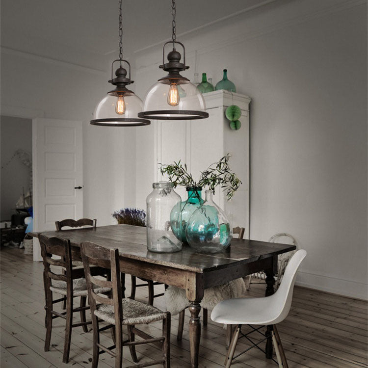 Traditional Farmhouse Iron Semi-Circular Glass Shade 1-Light Pendant Light For Dining Room