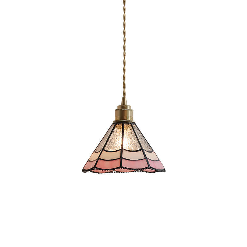 Japanese Vintage Pink Striped Cone Glass 1-Light Pendant Light