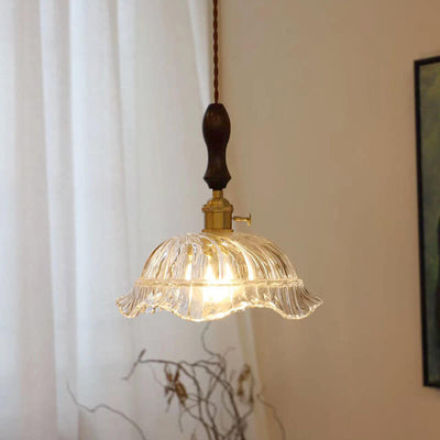 Vintage Glass Flower Dome Brass Walnut 1-Light Pendant Light