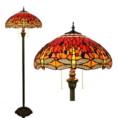 Vintage Tiffany Glasmalerei rote Libelle 2-Licht Stehlampe 