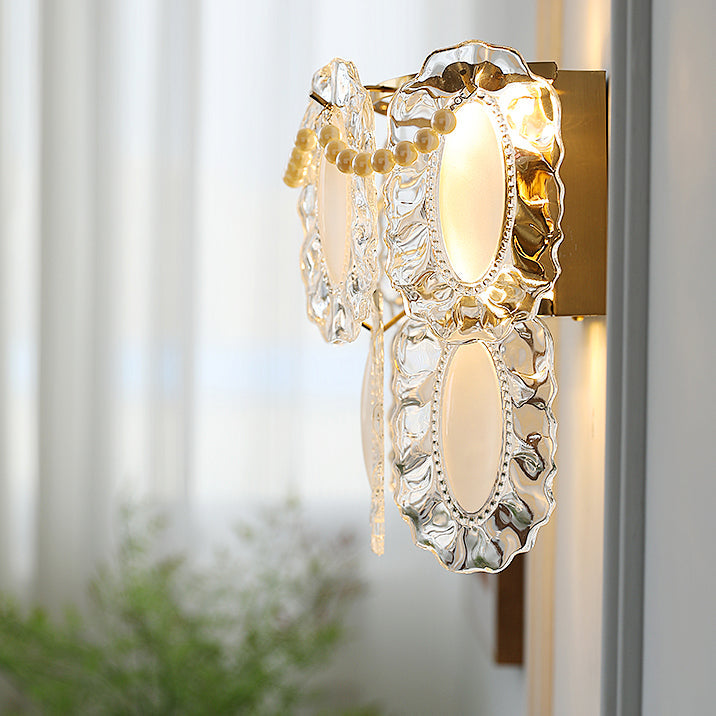 Contemporary Luxury Gold Finish Frame Pearl Water Grain Glass Sheet 2-Light Wall Sconce Lamp For Living Room