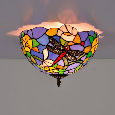 Tiffany Dragonfly Flower Stained Glass Bowl 2-Light Flush Mount Ceiling Light