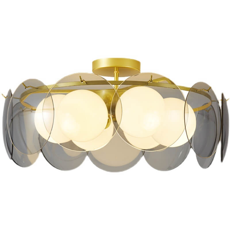 Modern Mid-Century Golden Finish Frame Glass Ball Shade 4/6-Light Semi-Flush Mount Ceiling Light For Living Room