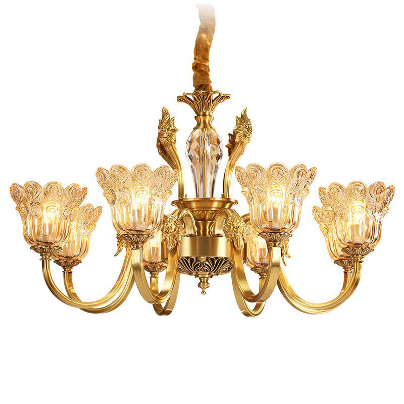 Traditional French Gold Finish Frame Floral Glass Shade 6/8-Light Chandelier For Living Room