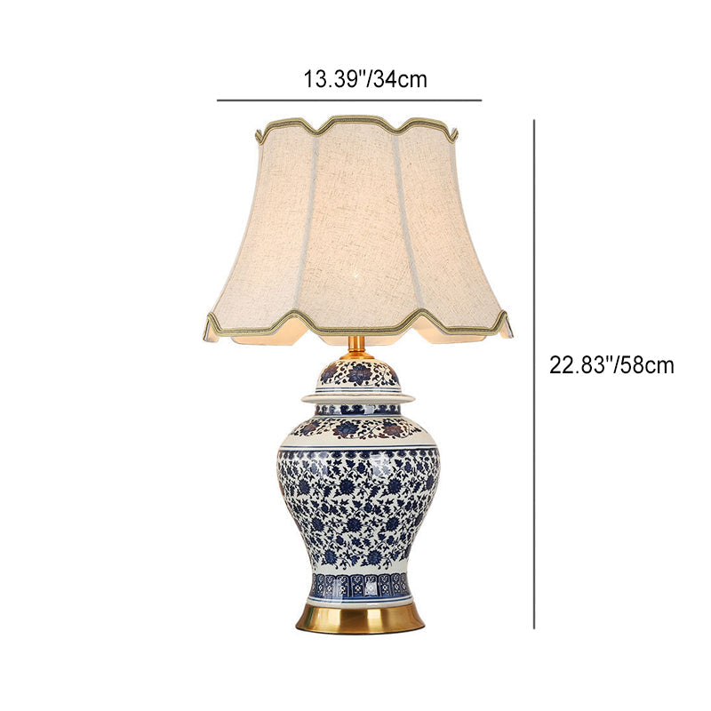 Traditional Chinese Vase Base Trapezoidal Ceramic Fabric 1-Light Table Lamp For Bedroom