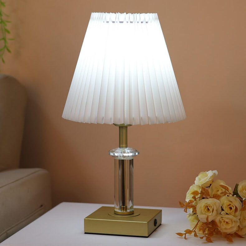 Modern Minimalist Cone Pleated Fabric Crystal Hardware 1-Light Table Lamp