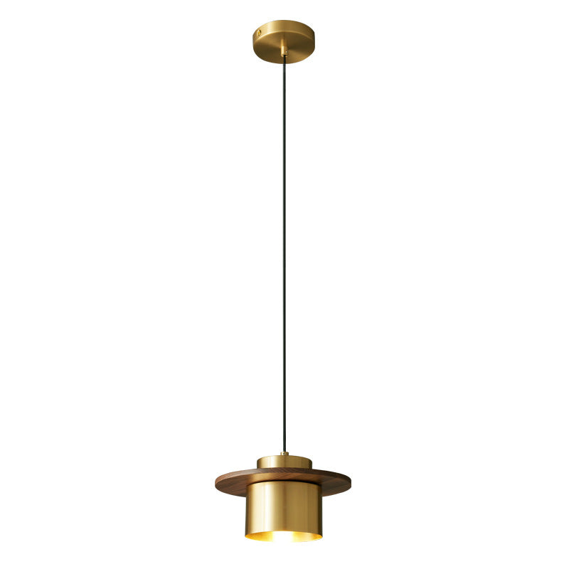 Nordic Light Luxury Cylindrical Walnut Brass 1-Light Pendant Light