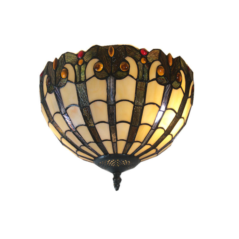 European Vintage Tiffany Iron Glass 2-Light Flush Mount Light