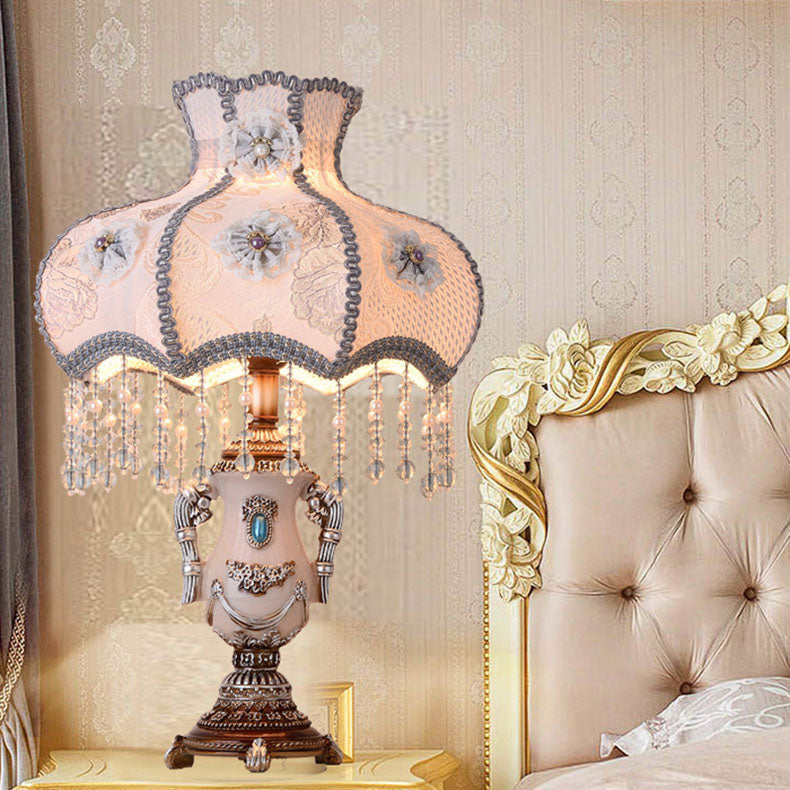 Traditional European Round Floral Beaded Resin Fabric 1-Light Table Lamp For Bedroom