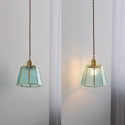 Modern Art Deco Water-grain Glass Polygonal Shade Brass 1-Light Pendant Light for Living Room